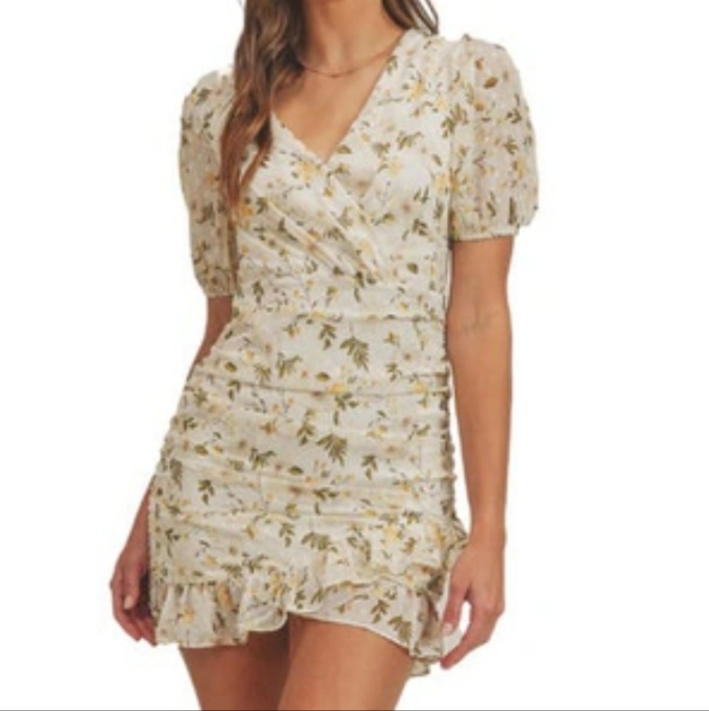 LUSH NWOT Ruched Front Wrap Ruffle Mini Dress  Cream Yellow Floral